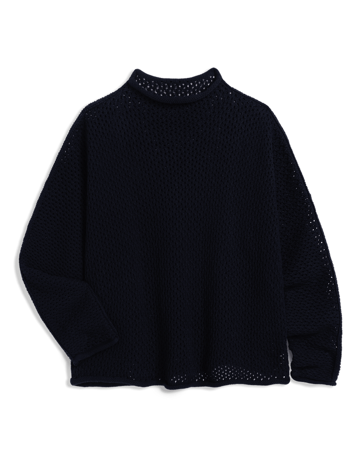 Navy sweater with textured pattern on a transparent background