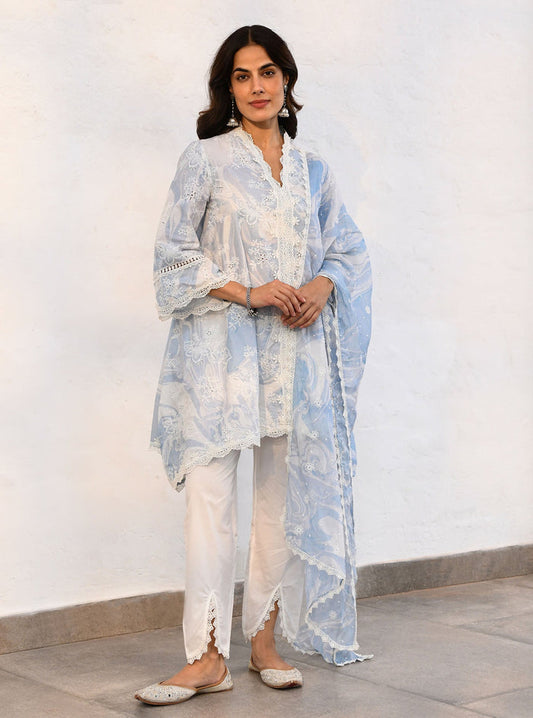 Mulmul Supima Cotton Marble Verona Blue kurta