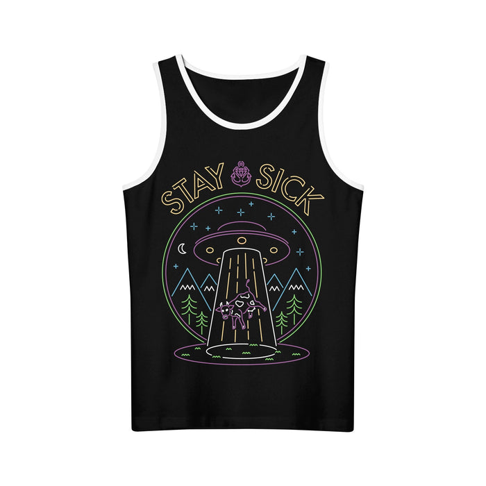 This black tank top from Stay Sick Clothing features white trim and a bold neon graphic of a UFO abducting a skeleton in the forest, with “STAY SICK” displayed above—perfect for fans of eye-catching streetwear.