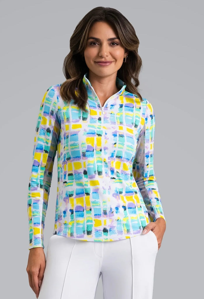 New Ibkul Tatiana Print Long Sleeve Zip Mock Sun Shirt