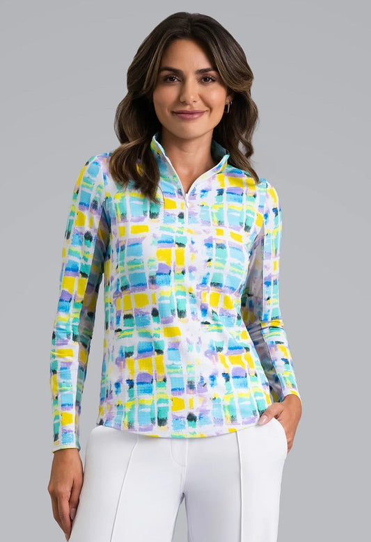 New Ibkul Tatiana Print Long Sleeve Zip Mock Sun Shirt