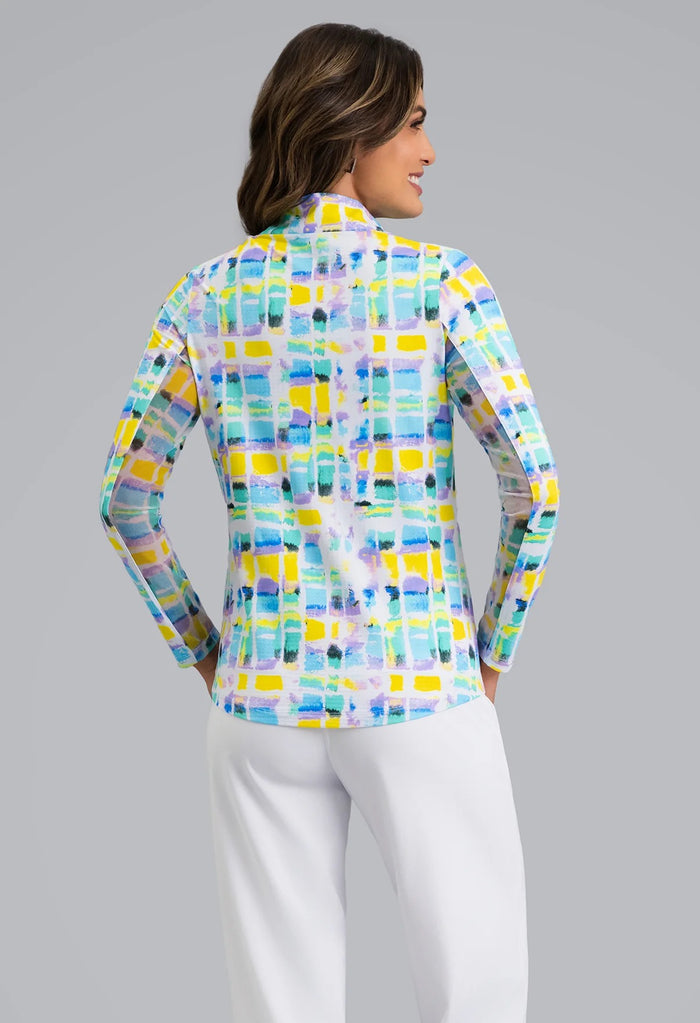 New Ibkul Tatiana Print Long Sleeve Zip Mock Sun Shirt