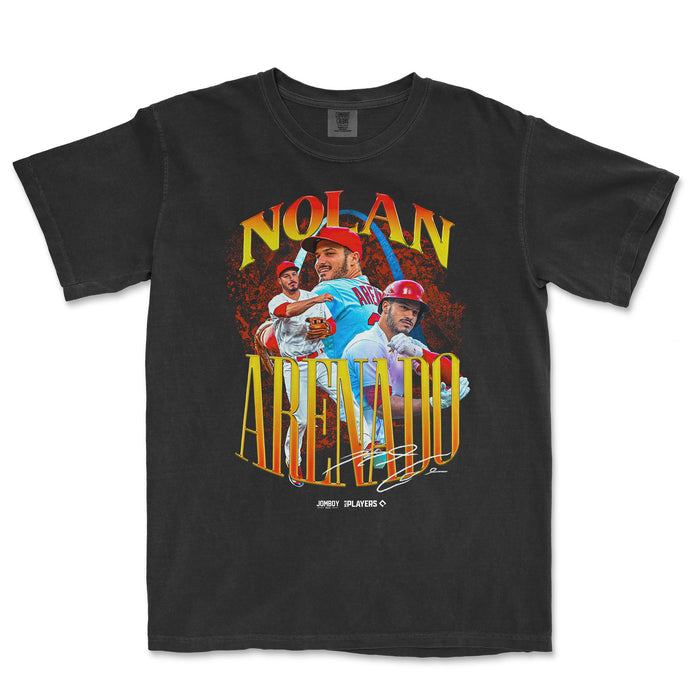 Black Comfort Colors tee featuring Nolan Arenado with colorful graphics and signature, celebrating his baseball career.