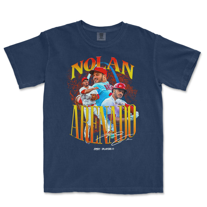 Nolan Arenado Signature Series Comfort Colors T-shirt featuring a colorful graphic of Nolan Arenado in baseball action.