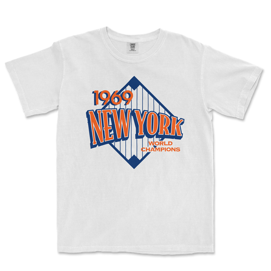 White Comfort Colors T-shirt featuring a vintage NYM City design with "1969 New York World Champions" and a bridge graphic.