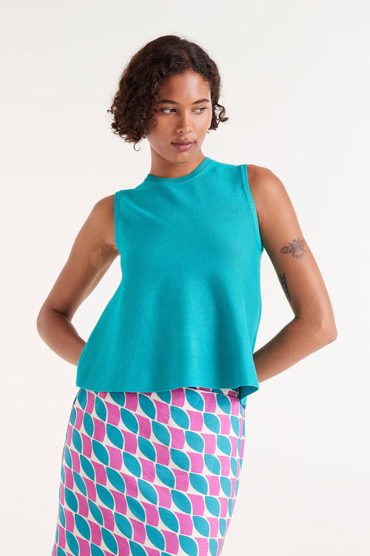 Ocean Blue Sleeveless Flared Top