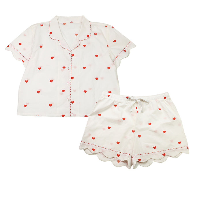 Off White/Red Hearts Print Cotton PJ Set Shirt and Shorts Size Large UK 16/18
