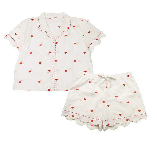 Off White/Red Hearts Print Cotton PJ Set Shirt and Shorts Size Large UK 16/18