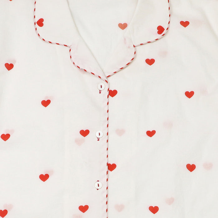 Off White/Red Hearts Print Cotton PJ Set Shirt and Shorts Size Large UK 16/18