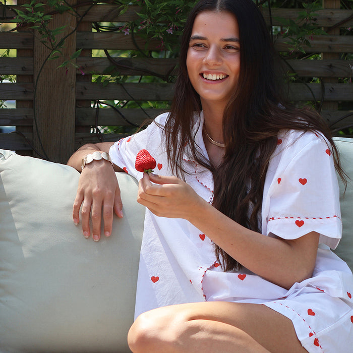 Off White/Red Hearts Print Cotton PJ Set Shirt and Shorts Size Large UK 16/18