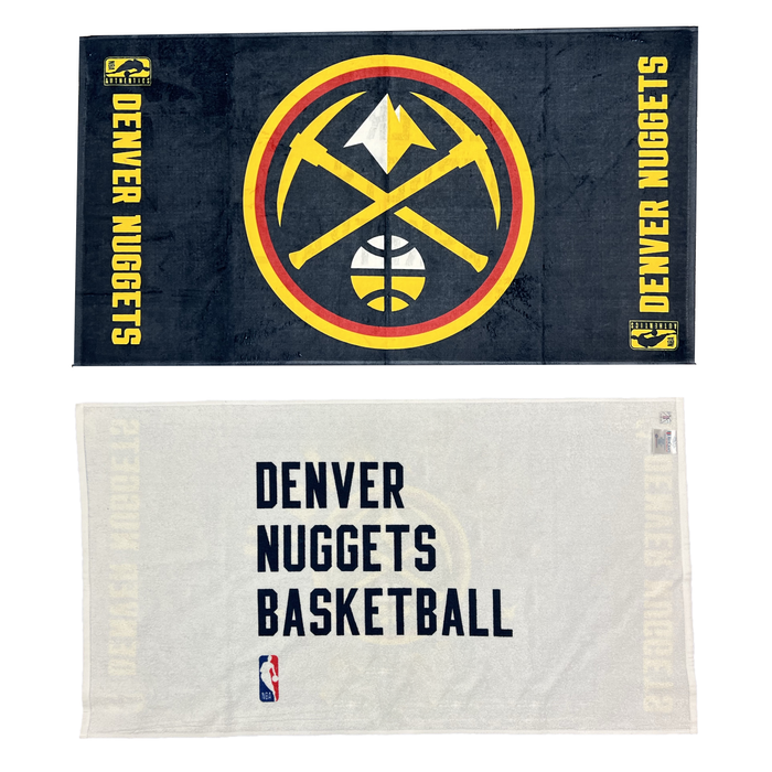 Front and back view of team bench towel, the front view is dark blue and features a large primary team logo in the center, flanked by the words "DENVER NUGGETS, the back view is white and features the text "DENVER NUGGETS BASKETBALL" in large dark lettering, accompanied by an NBA logo