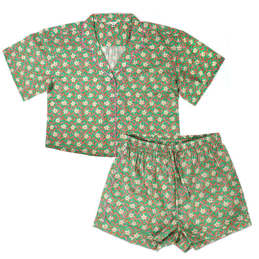 Olive Green Floral Cotton Short PJ Set with Gift Bag Size Small UK 8/10