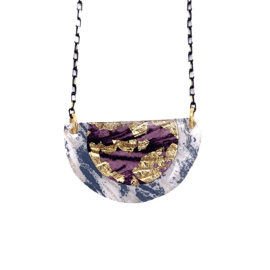 Ovette batik textile necklace in dove/gold/aubergine