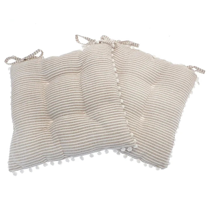 Beige and white studio stripe pattern set of 2 chair cushions with white pom pom fringe