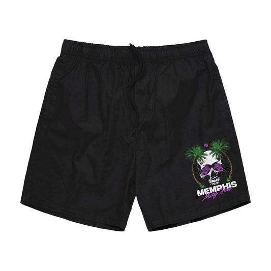 Memphis May Fire black swim shorts with a custom print: purple and white skull, green palm trees, and Memphis May Fire logo in white and purple on the lower left leg. Pair with your favorite printed shirt or ASCOLOUR essentials.