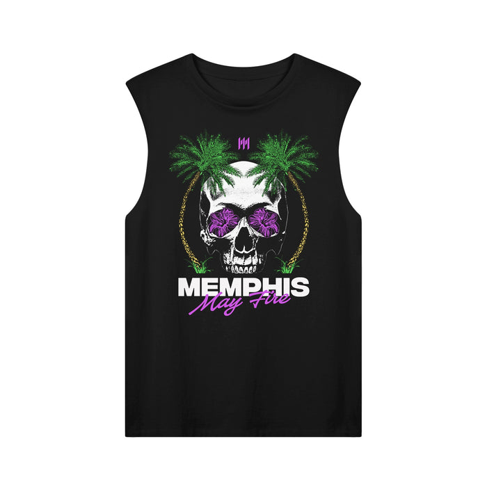 A black Memphis May Fire muscle tank displays a white skull with purple sunglasses, green palm trees, and a yellow arc. MEMPHIS May Fire appears below in bold white and pink letters.
