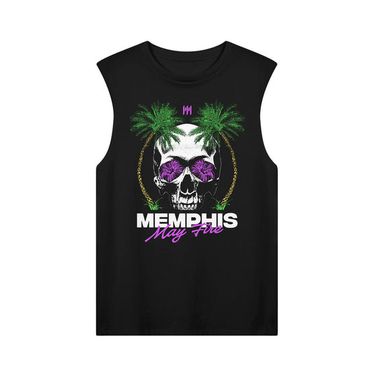 A black Memphis May Fire muscle tank displays a white skull with purple sunglasses, green palm trees, and a yellow arc. MEMPHIS May Fire appears below in bold white and pink letters.