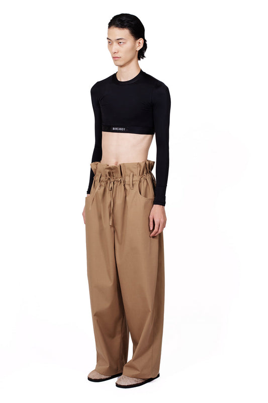 MANCANDY Palo Santo Pants in cotton ripstop gabardine with paper-bag waist and wide-leg silhouette.