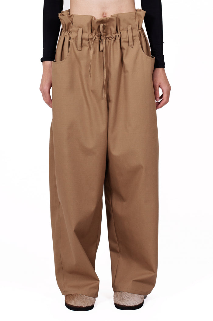 MANCANDY Palo Santo Pants in cotton ripstop gabardine with paper-bag waist and wide-leg silhouette.