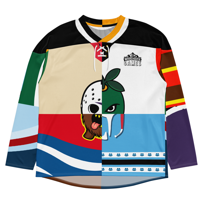 Colorful floorball jersey featuring various playful designs and patterns, perfect for fans and players alike.