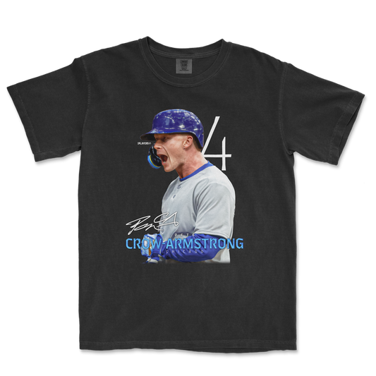 Black t-shirt featuring a graphic of a baseball player celebrating, with the text "CROW ARMSTRONG" and the number 4.