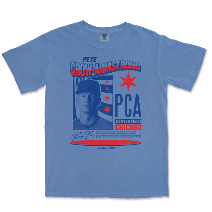 Blue T-shirt featuring Pete Crow-Armstrong's signature, a photo, and graphics celebrating his 2023 MLB debut with the Chicago Cubs.