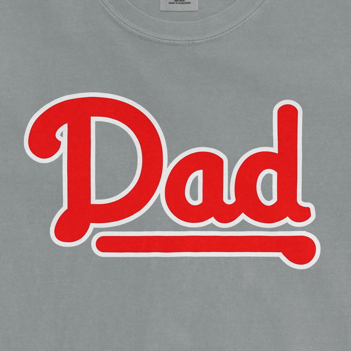 Gray T-shirt with bold red and white "Dad" text, celebrating a Philadelphia baseball dad.