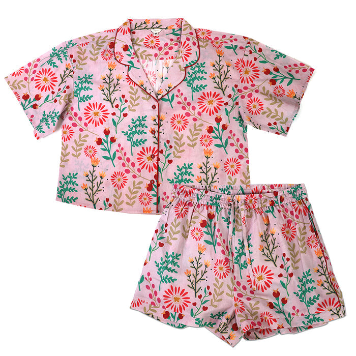 Pink Mix Summer Meadow Cotton Short PJ Set with Gift Bag Size Small UK 8/10