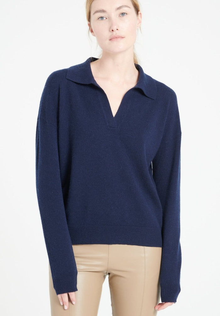 MIA 3 Polo manches longues en cachemire bleu marine