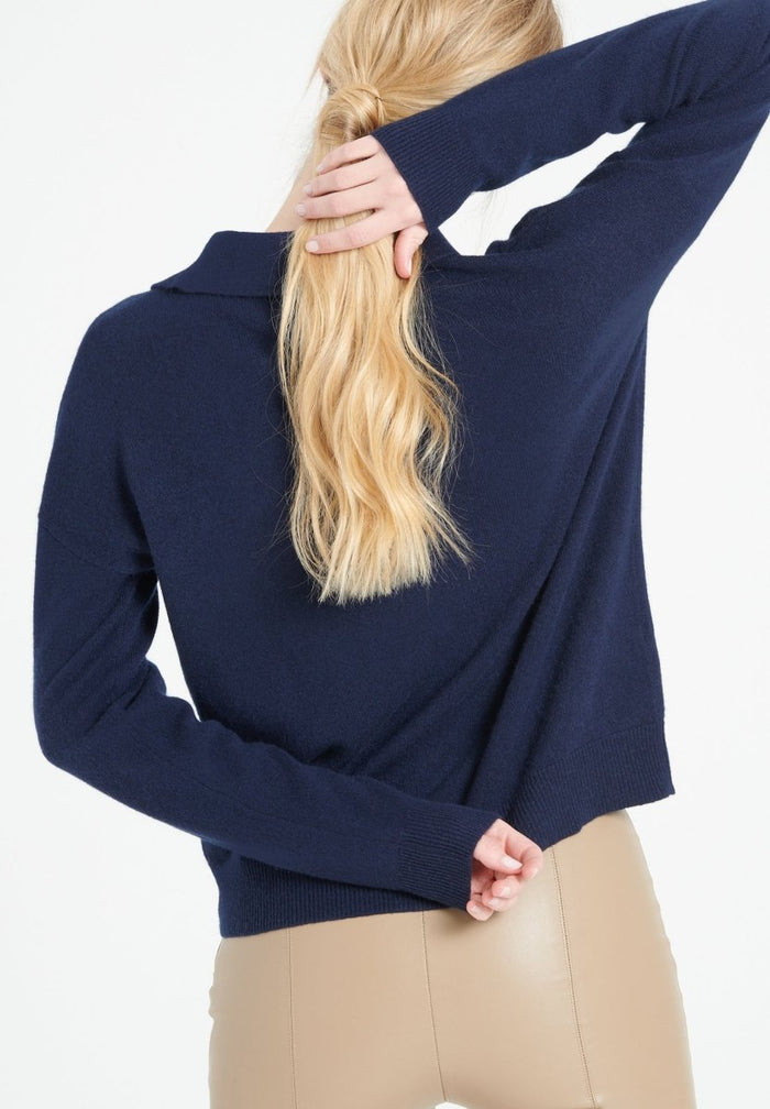 MIA 3 Polo manches longues en cachemire bleu marine