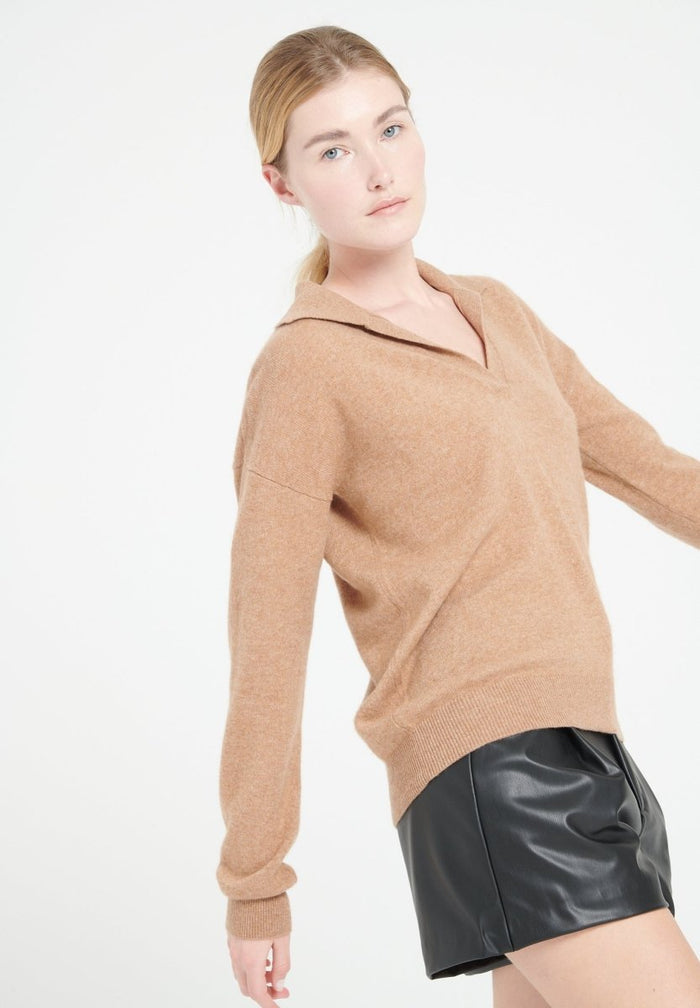 MIA 3 Polo manches longues en cachemire camel