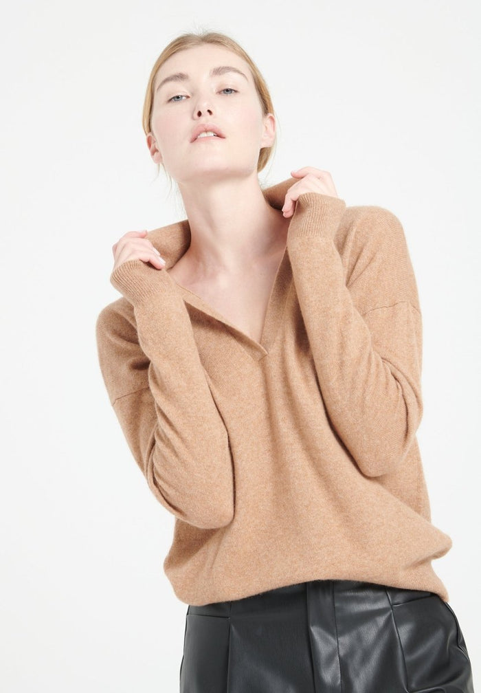 MIA 3 Polo manches longues en cachemire camel