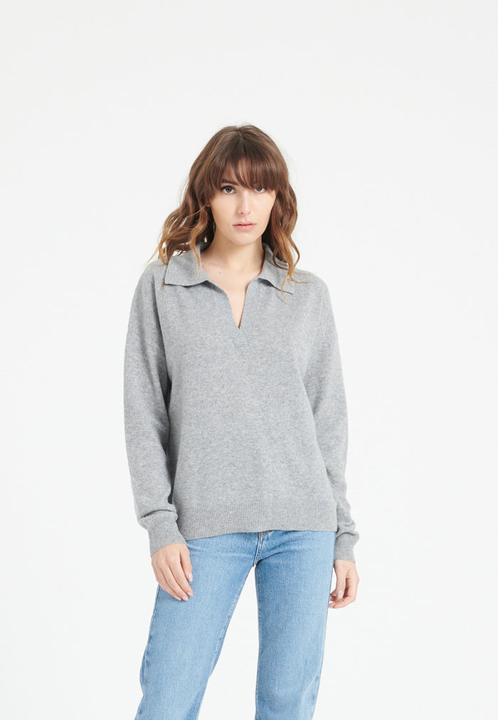 Polo manches longues femme en cachemire gris clair - MIA 3