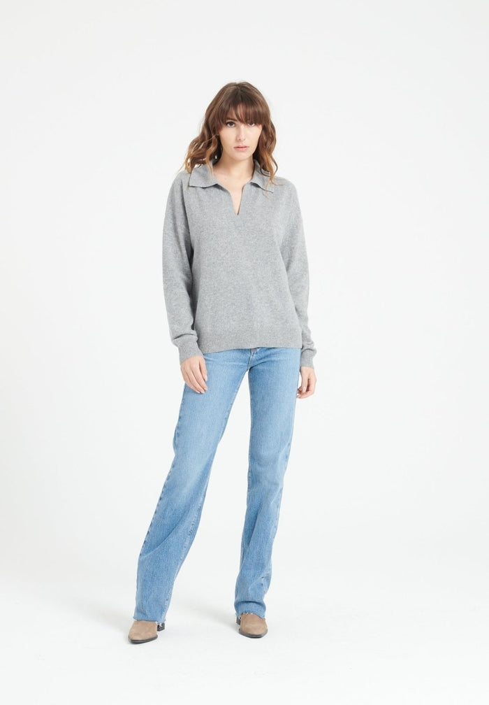 MIA 3 Polo manches longues en cachemire gris clair