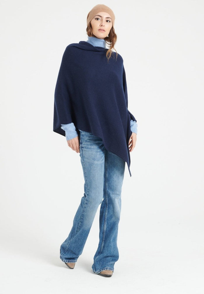 LILLY 9 Poncho col V en cachemire bleu marine