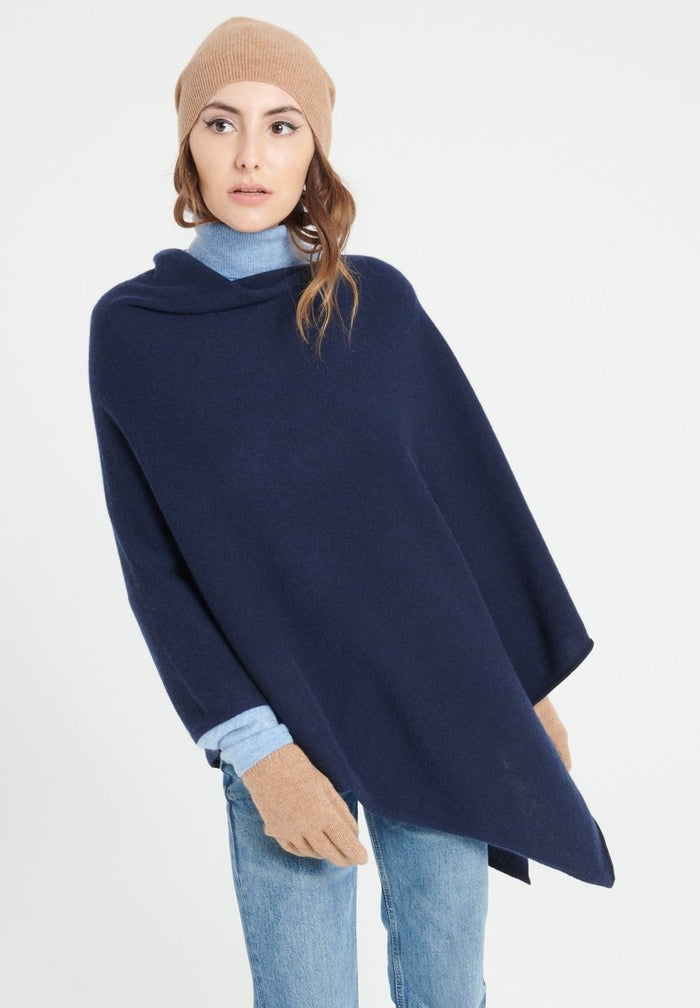 LILLY 9 Poncho col V en cachemire bleu marine