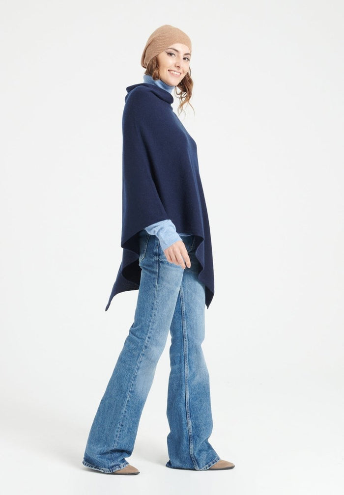 LILLY 9 Poncho col V en cachemire bleu marine