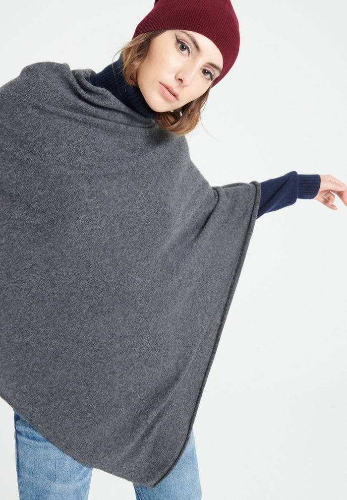 LILLY 9 Poncho col V en cachemire gris anthracite