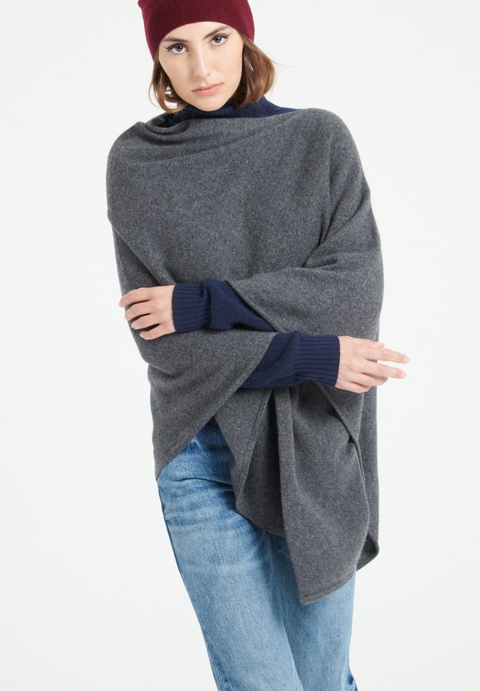 LILLY 9 Poncho col V en cachemire gris anthracite