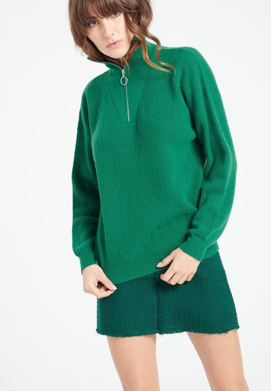 LILLY 28 Pull à col cheminé zippé en cachemire à mailles côtelées vert émeraude