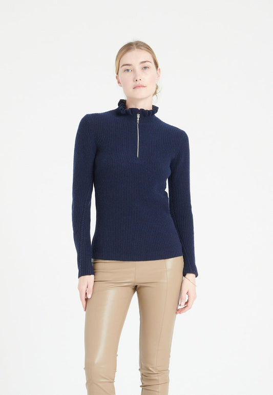Pull col falbala zippé femme en cachemire bleu marine - MIA 4