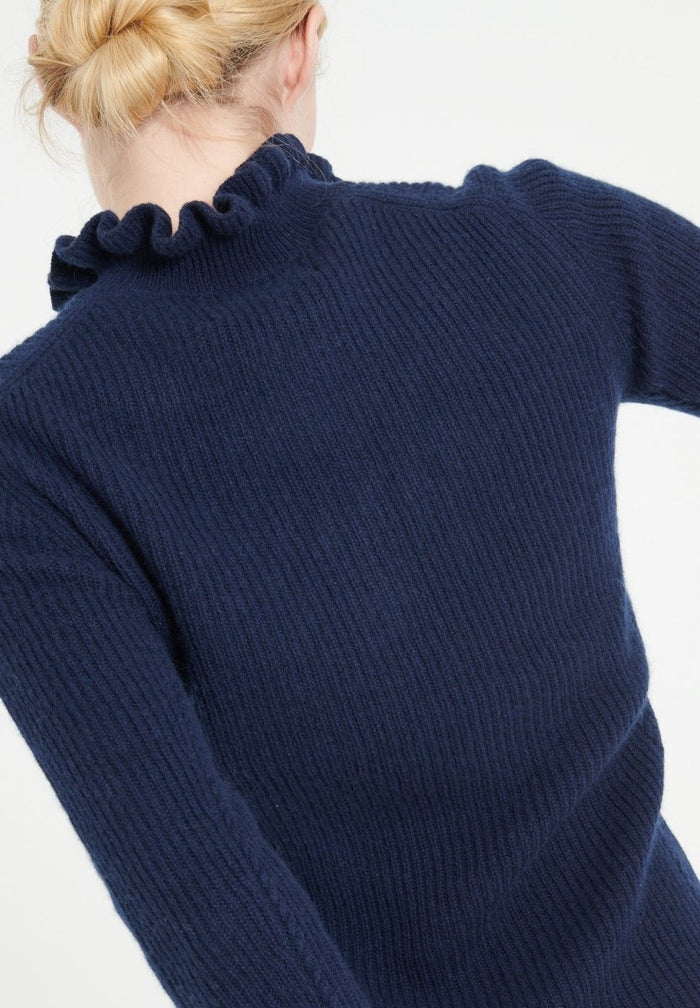 MIA 4 Pull col falbala zippé en cachemire à mailles côtelées bleu marine