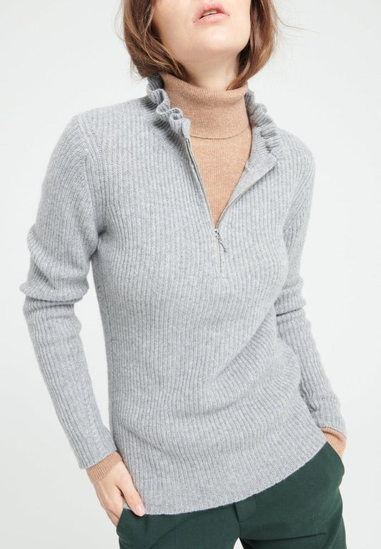 MIA 4 Pull col falbala zippé en cachemire à mailles côtelées gris clair
