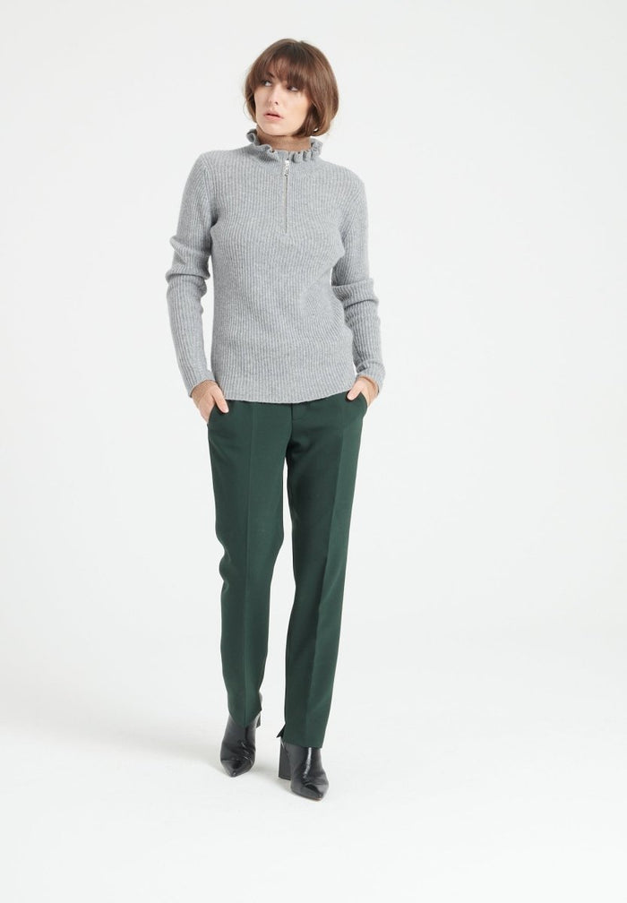 MIA 4 Pull col falbala zippé en cachemire à mailles côtelées gris clair
