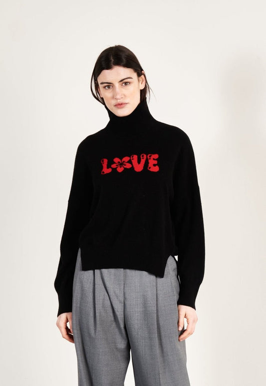 Pull col roulé cachemire noir/rouge love femme - HANA 14