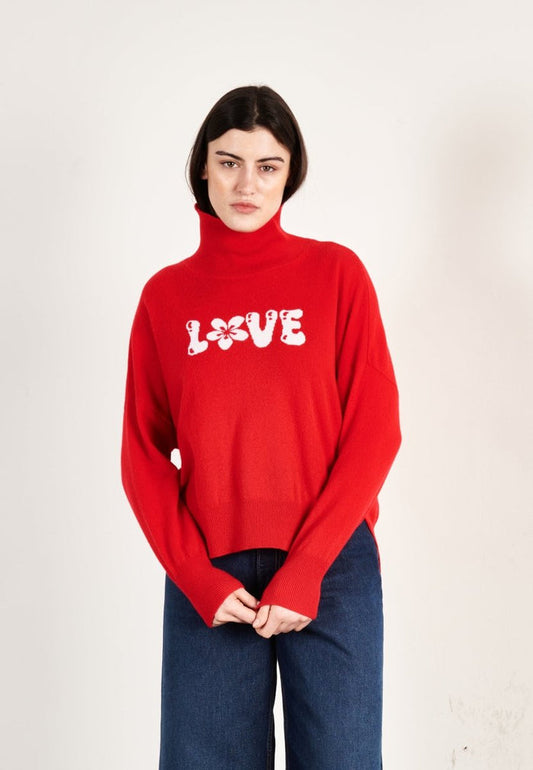 Pull col roulé cachemire rouge/écru love femme - HANA 14