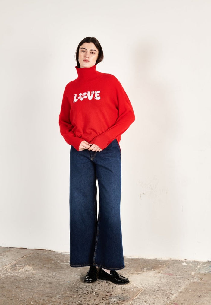 Pull col roulé cachemire rouge/écru love femme - HANA 14