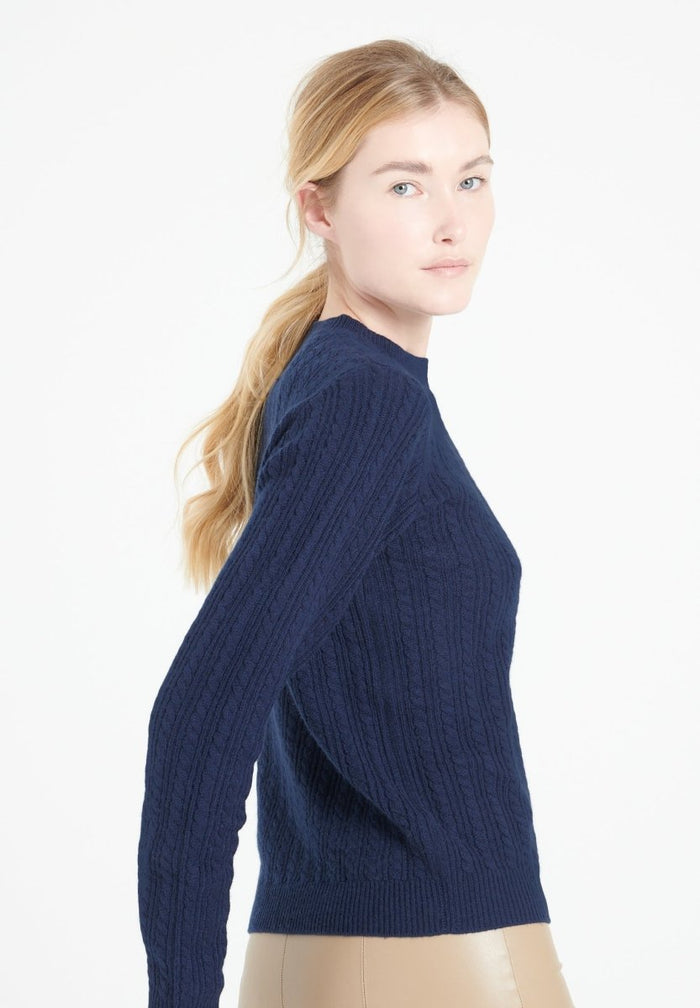 LILLY 29 Pull col rond en cachemire à mailles torsadées 4 fils bleu marine