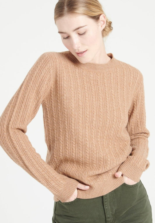 LILLY 29 Pull col rond en cachemire à mailles torsadées 4 fils camel