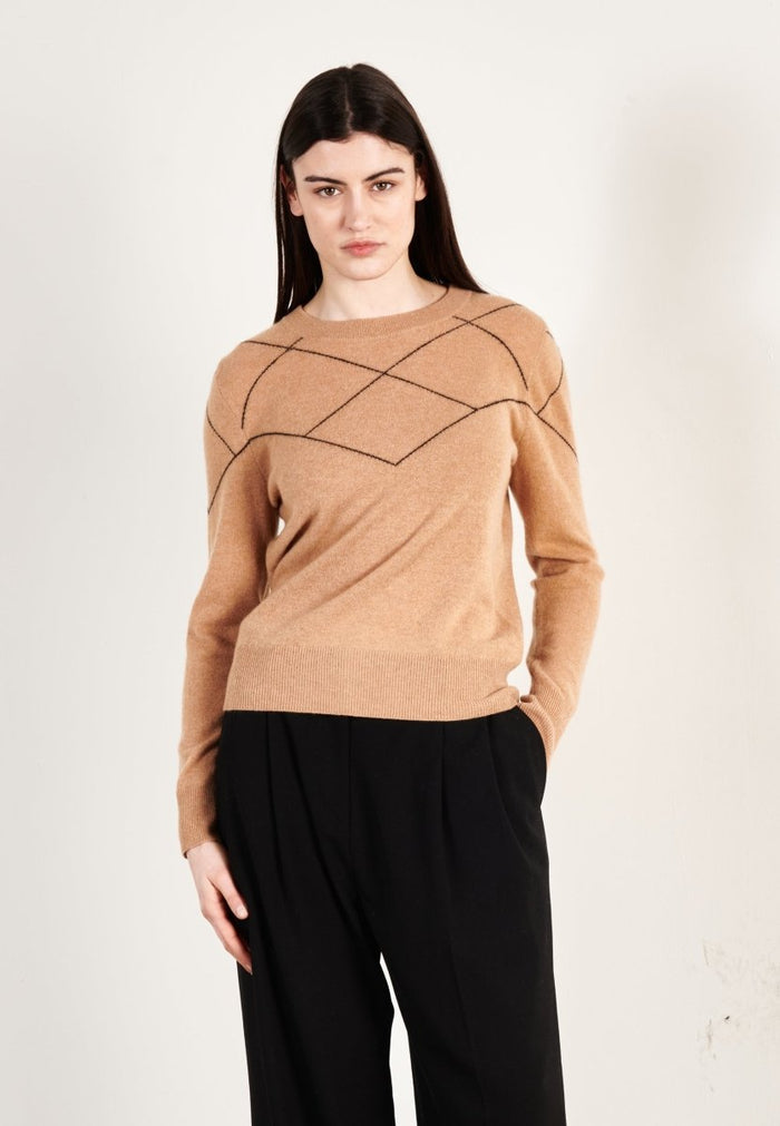 Pull col rond cachemire camel clair/noir femme - HANA 4